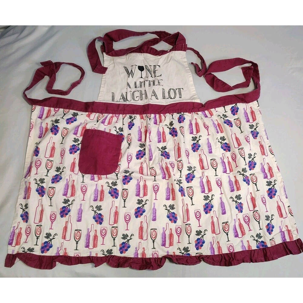 Pantry Apron "Wine A Little Laugh A Lot" OS Purple Pink Grape Ruffle Glass